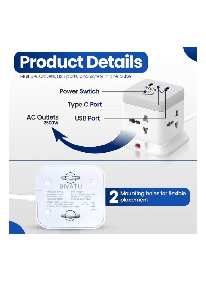 بيفاتو مشترك طاقة عالمي مع USB ونوع C، سلك تمديد مسطح بطول 1.5 متر، 4 منافذ تيار متردد + 2 USB-A + 1 USB-C، حماية من زيادة التيار، تصميم مضغوط للمنزل والمكتب - Image 3